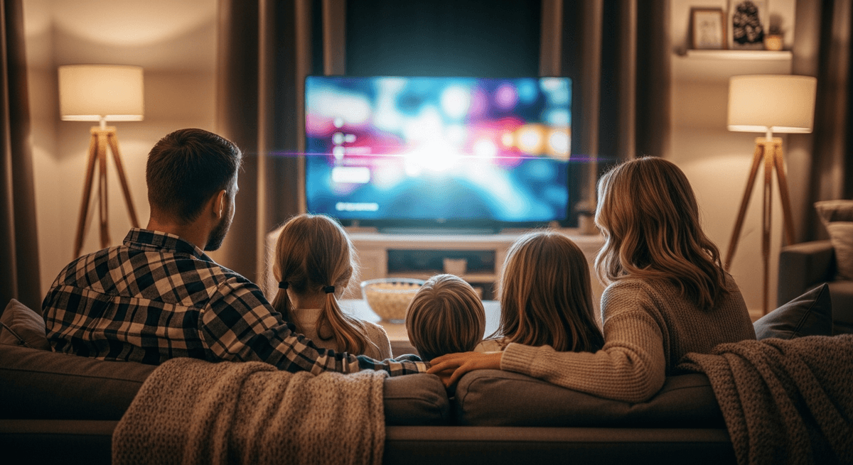 Family watching TV together on the couch